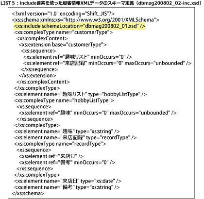 include要素を使った顧客情報XMLデータのスキーマ定義(dbmag200802_02-inc.xsd)